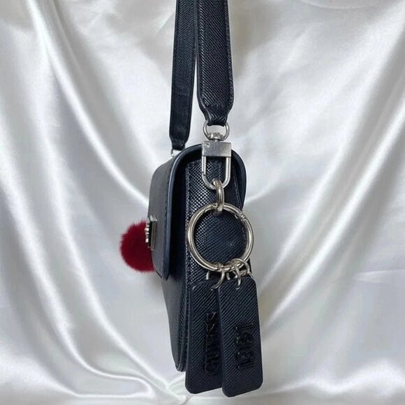 GUESS Purse Black Saffiano Faux Leather Logo Mini Handbag With Charms - Picture 5 of 6